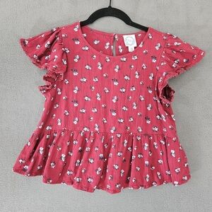 Blue Rain Womens XS Boho Shirt Crop Red Floral Flouce Sleeve Cottagecore Crinkle